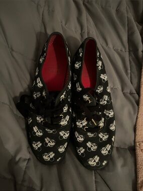 Keds Black Canvas Sneakers with White Minnie Mouse Print and Red Interior